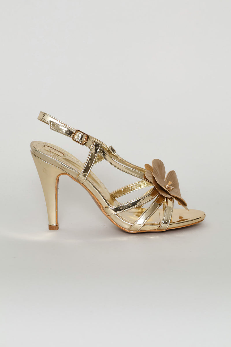 Textured Metallic Flower Heel - Gold