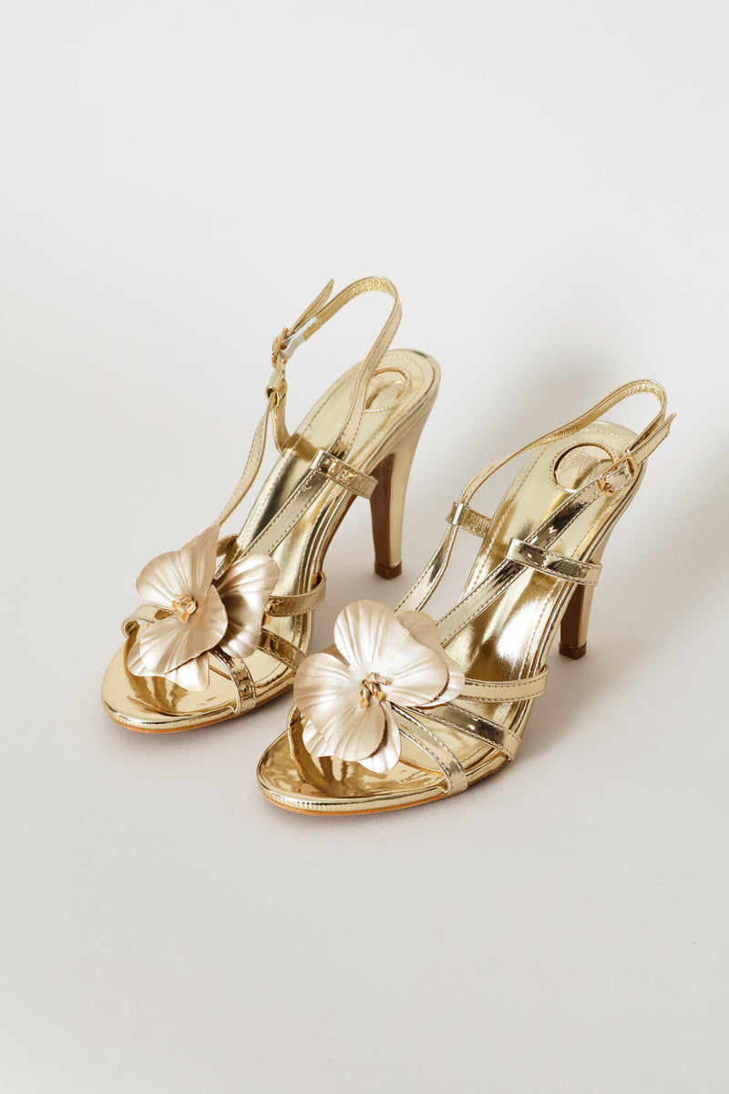 Textured Metallic Flower Heel - Gold