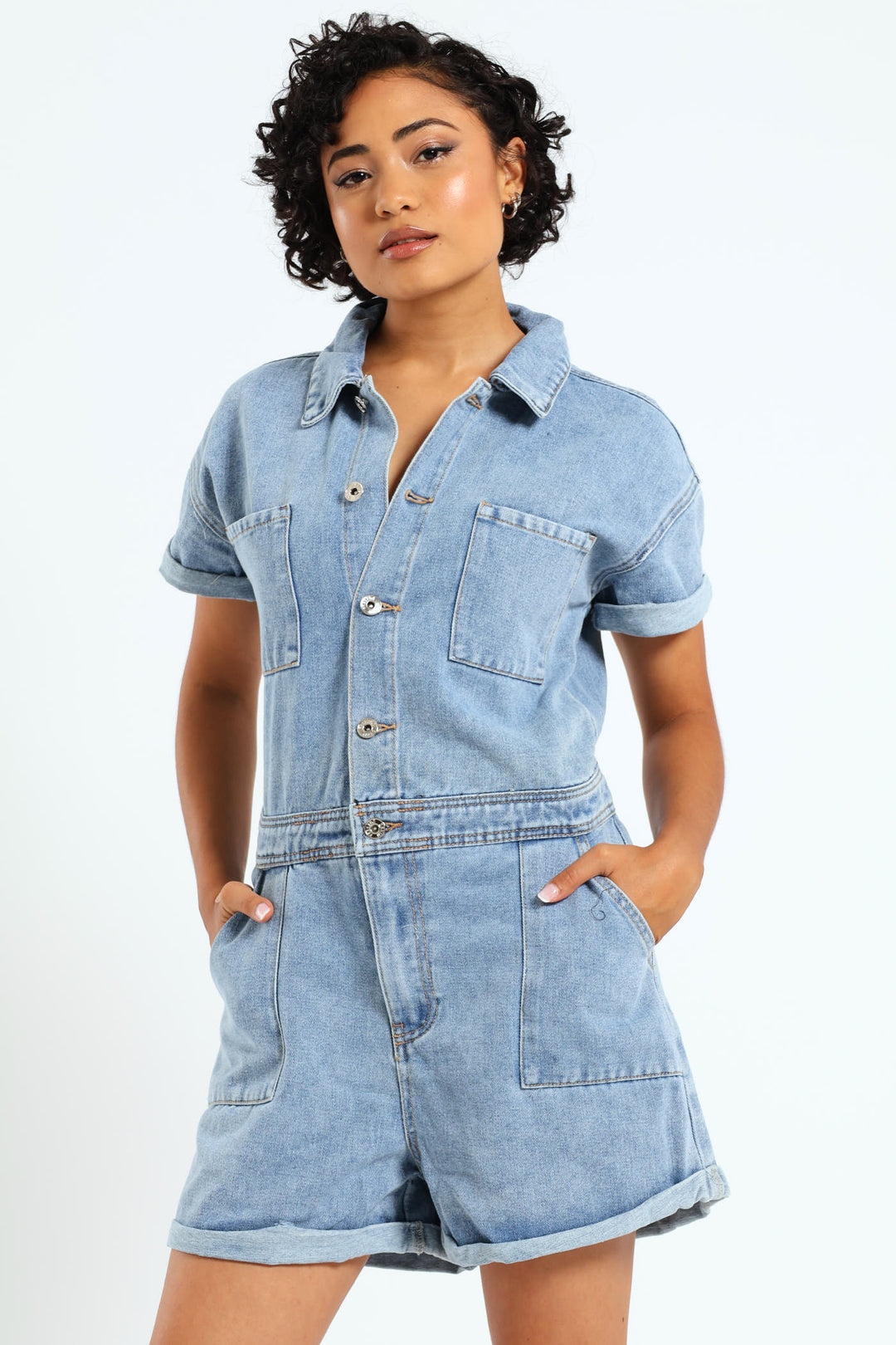 Denim Shortall Jumpsuit Mid Blue