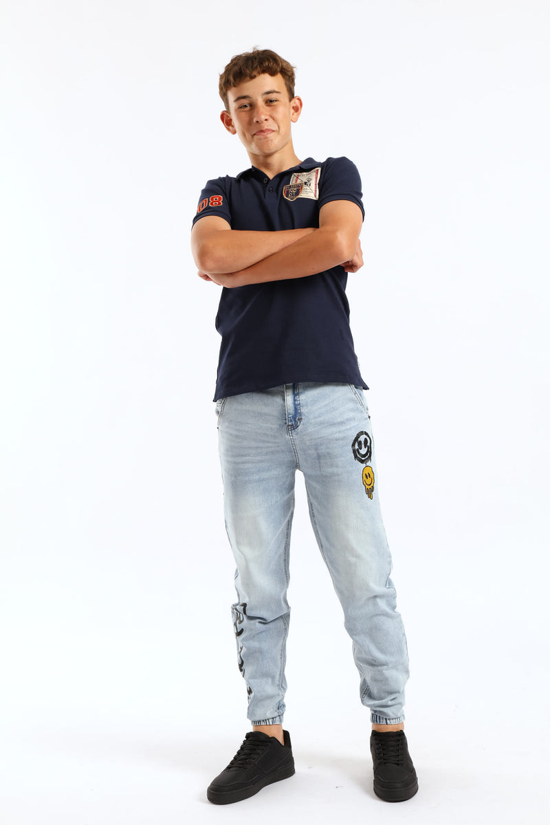 Boys Washed Grafitti Print Baggy Denim Jeans - Blue