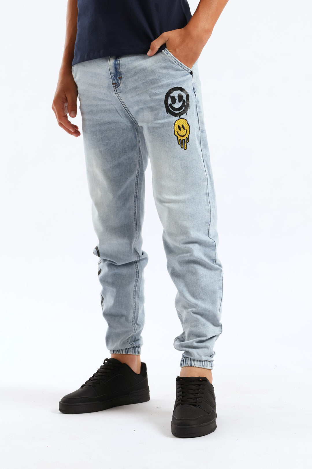 Boys Washed Grafitti Print Baggy Jeans - Blue