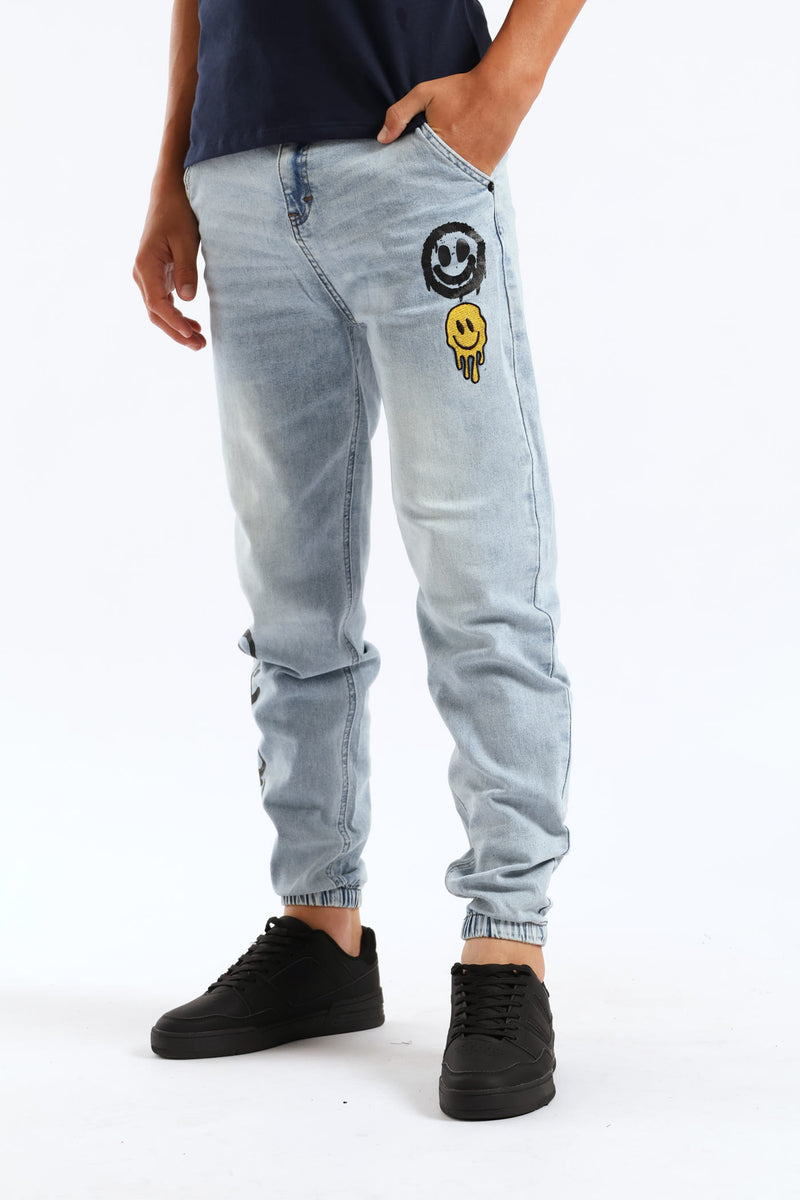 Boys Washed Grafitti Print Baggy Denim Jeans - Blue
