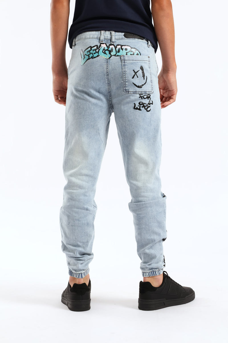 Boys Washed Grafitti Print Baggy Denim Jeans - Blue