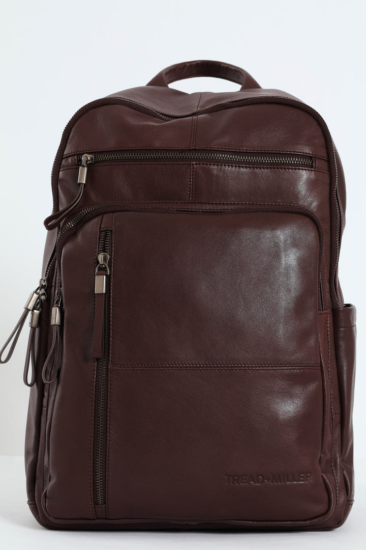 Leather Zipped Backpack - Brown