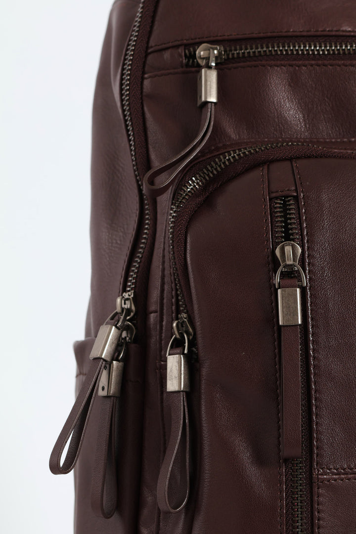 Leather Zipped Backpack - Brown