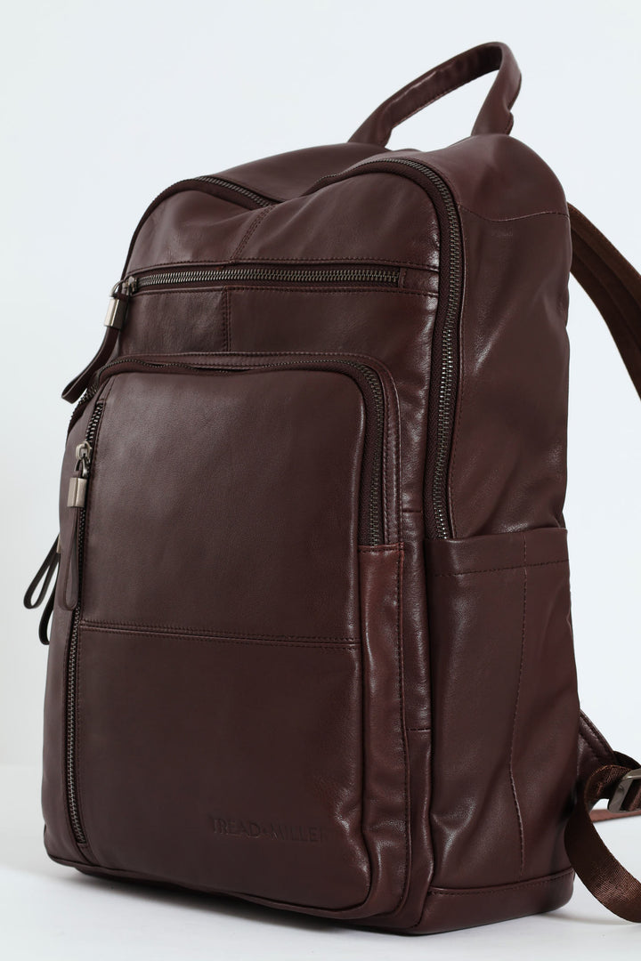 Leather Zipped Backpack - Brown