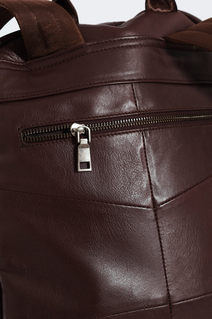 Leather Zipped Backpack - Brown