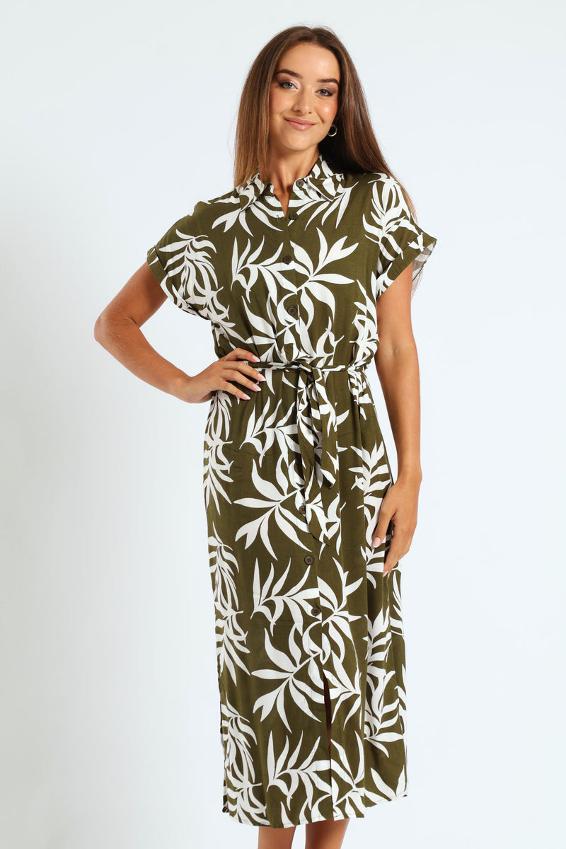 Belted Midi Shirt Dress - Fatigue/Cream