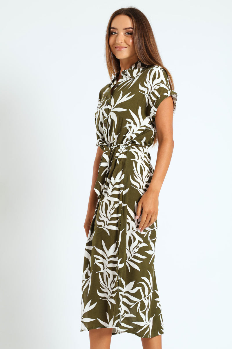 Belted Midi Shirt Dress - Fatigue/Cream
