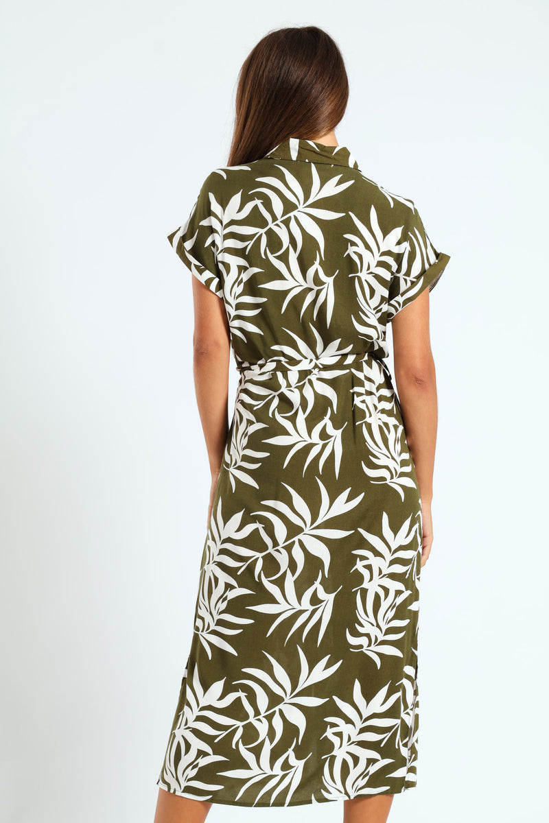 Belted Midi Shirt Dress - Fatigue/Cream