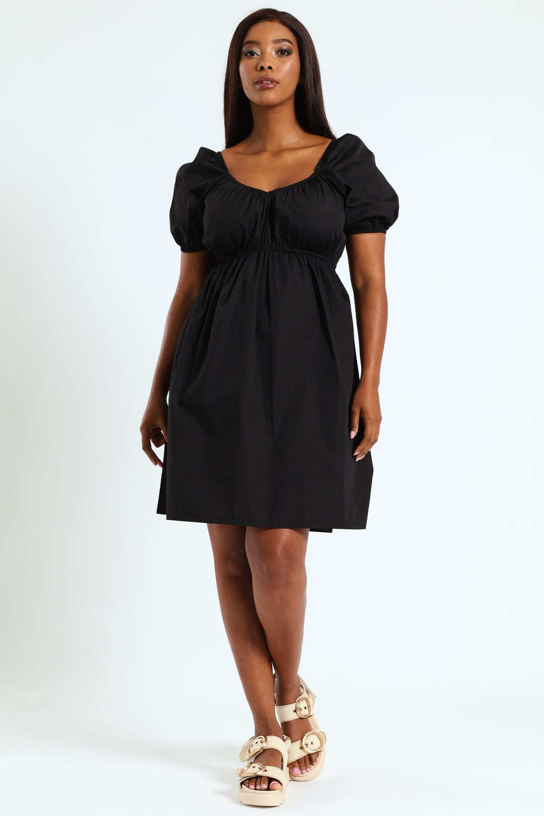 Puff Sleeve Babydoll Mini Dress - Black