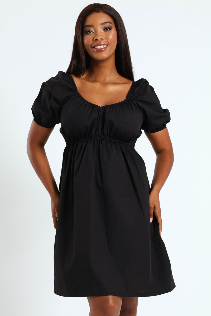 Puff Sleeve Babydoll Mini Dress - Black