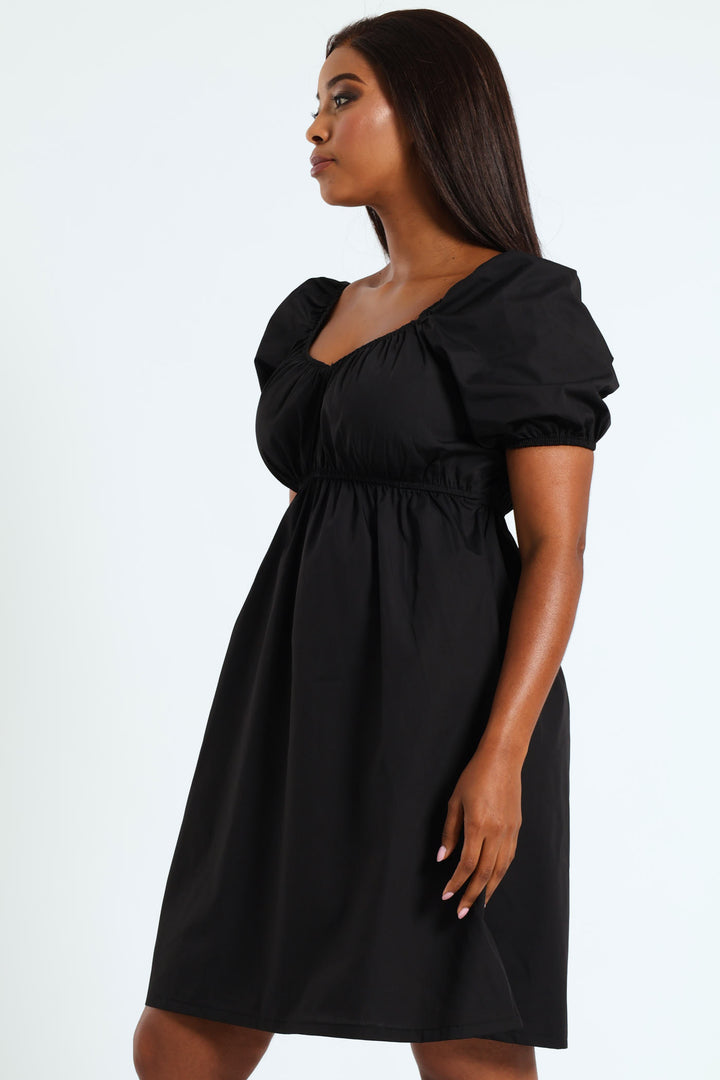 Puff Sleeve Babydoll Mini Dress - Black