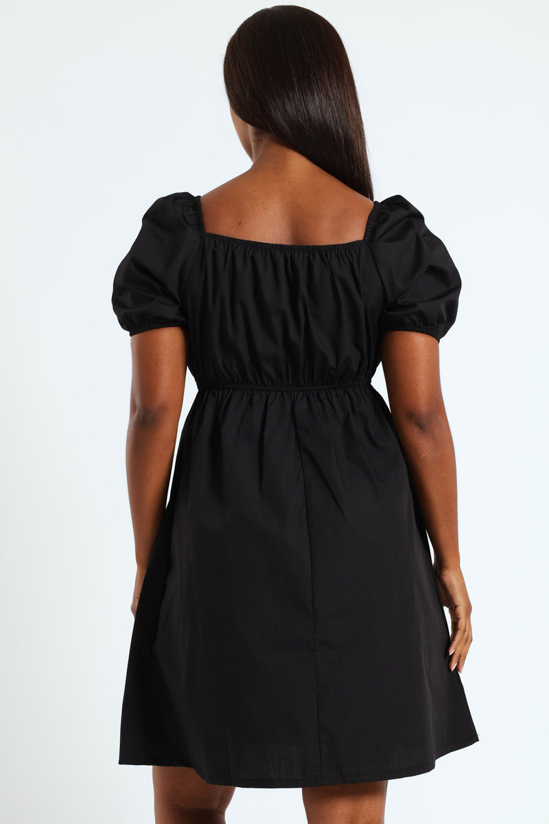 Puff Sleeve Babydoll Mini Dress - Black