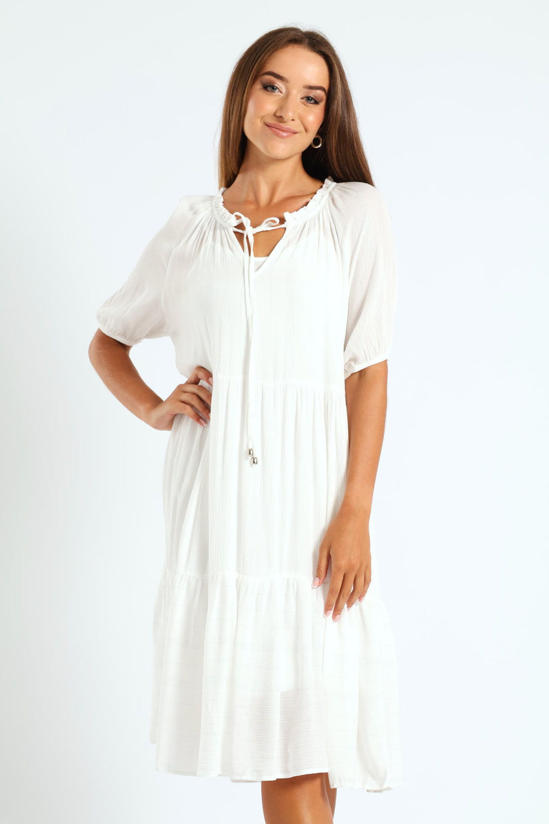 Lurex Stripe Tiered Dobby Mini Dress - Bright White