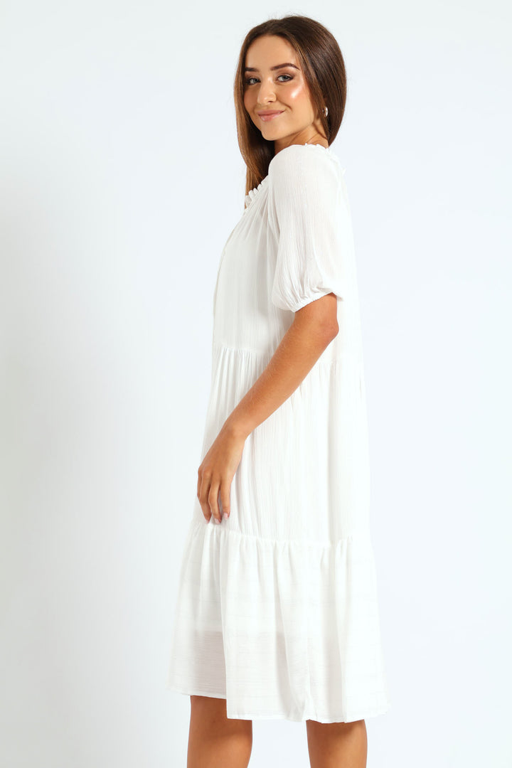 Lurex Stripe Tiered Dobby Mini Dress - Bright White
