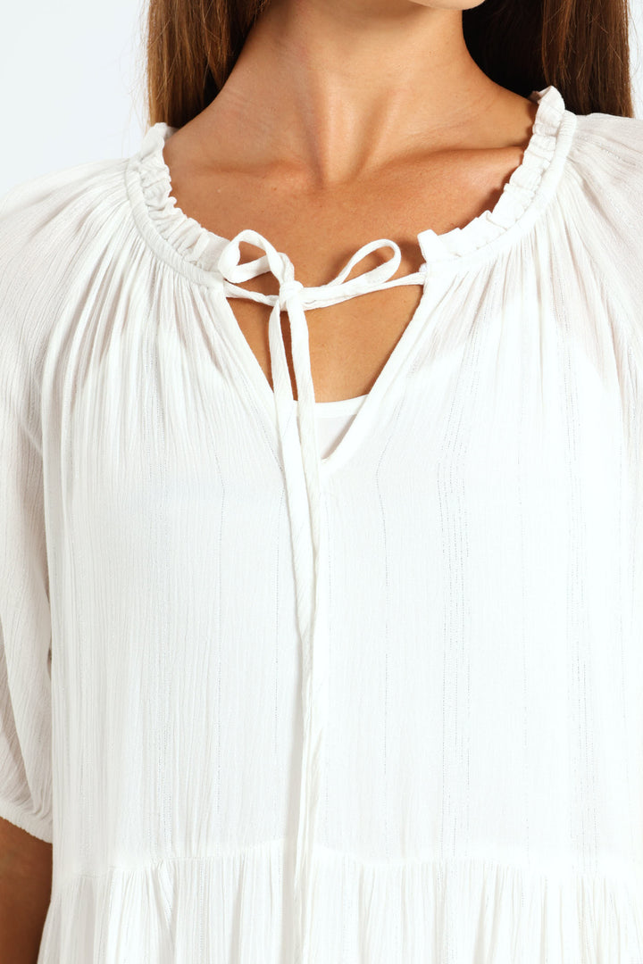 Lurex Stripe Tiered Dobby Mini Dress - Bright White