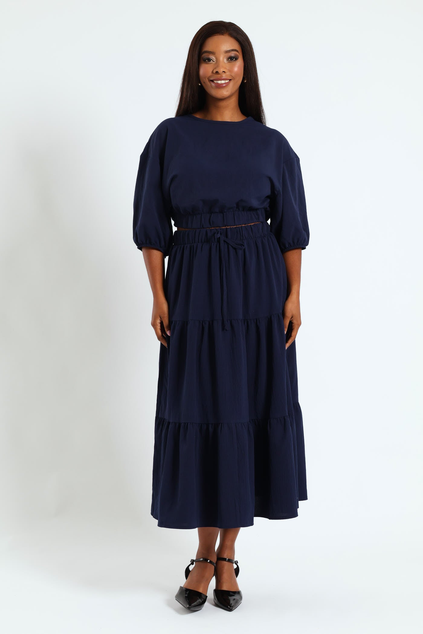 Ladies Dolman Bubble Sleeve Waisted Top - Navy – Edgars