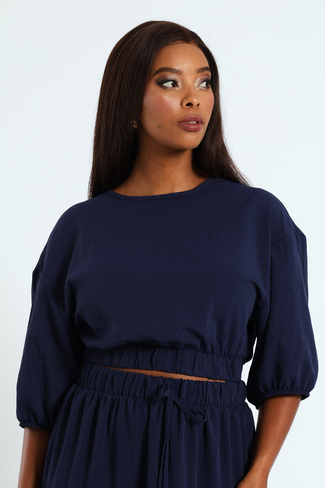 Dolman Bubble Sleeve Waisted Top - Navy