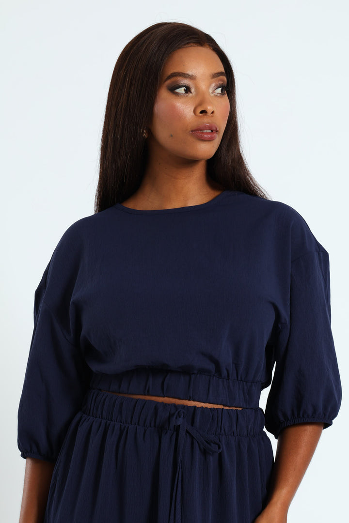 Dolman Bubble Sleeve Waisted Top - Navy