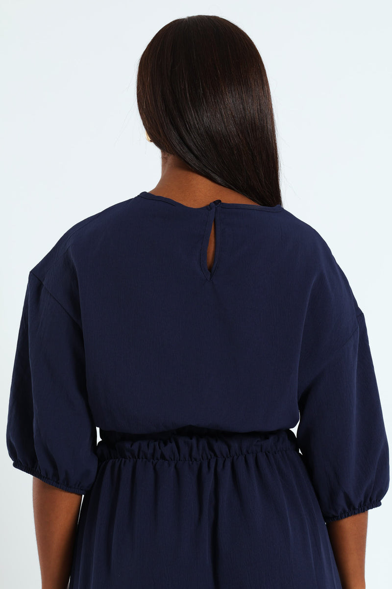 Dolman Bubble Sleeve Waisted Top - Navy