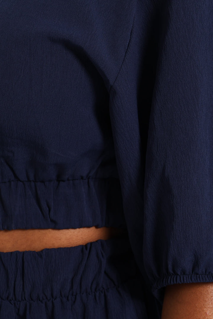 Dolman Bubble Sleeve Waisted Top - Navy