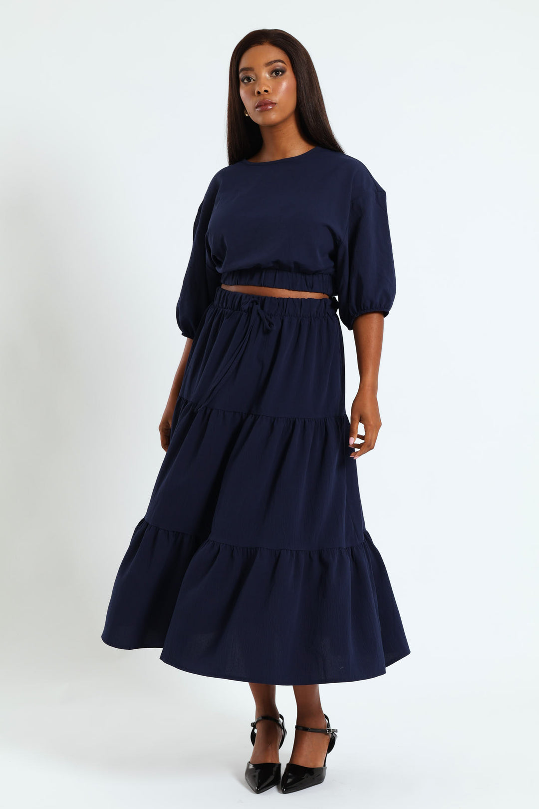 Ladies Elasticated Tiered Maxi Skirt Navy – Edgars