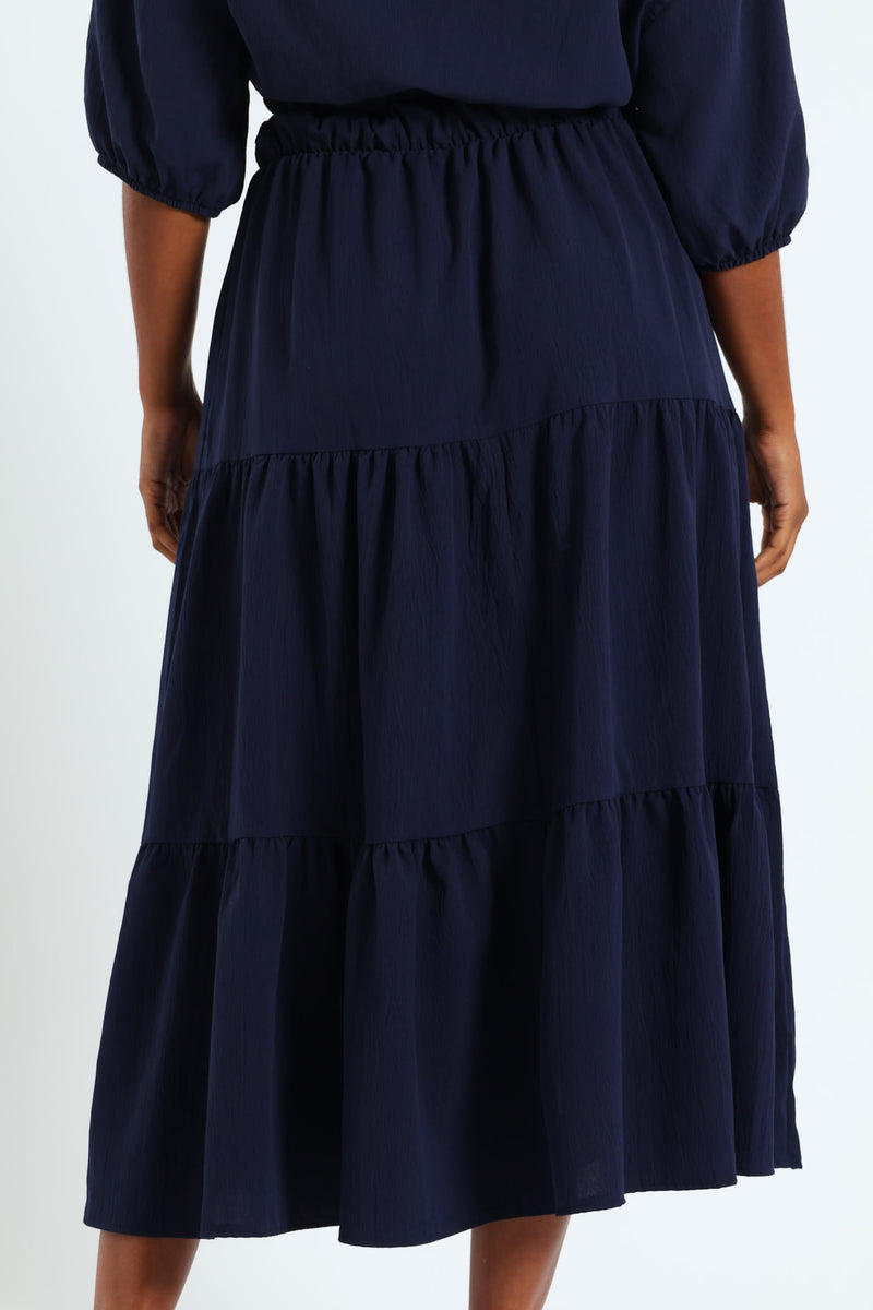 Elasticated Tiered Maxi Skirt - Navy