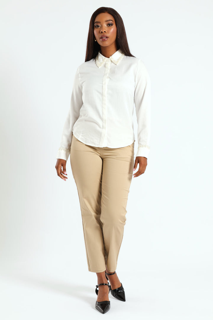 Pearl Collared Satin Shirt - Cream