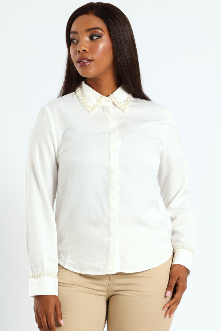 Pearl Collared Satin Shirt - Cream