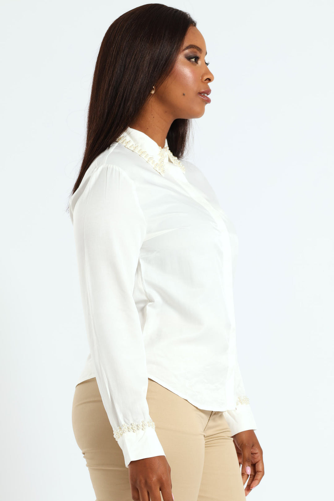 Pearl Collared Satin Shirt - Cream