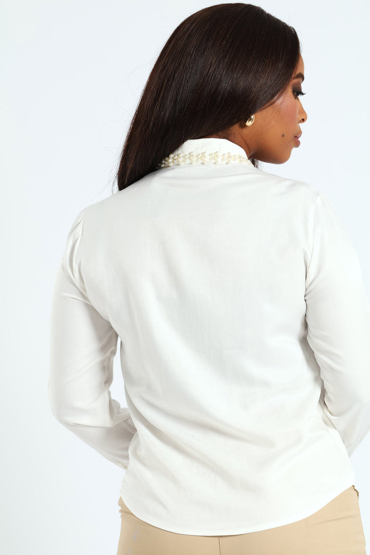 Pearl Collared Satin Shirt - Cream