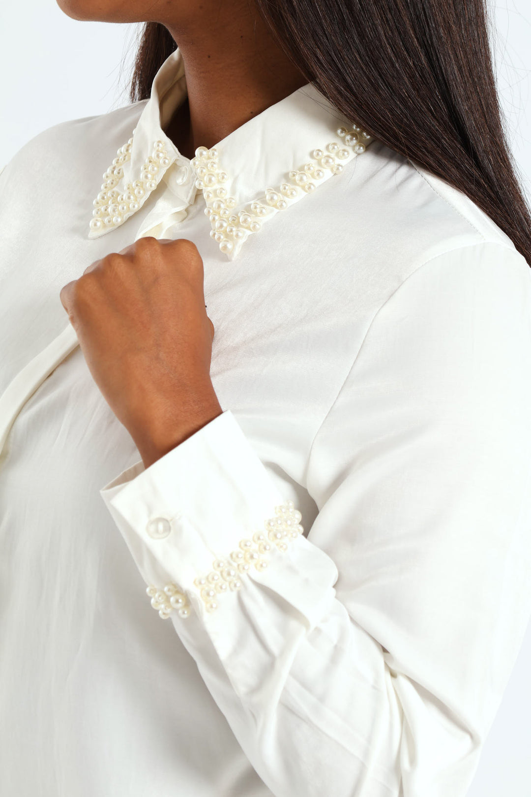 Pearl Collared Satin Shirt - Cream