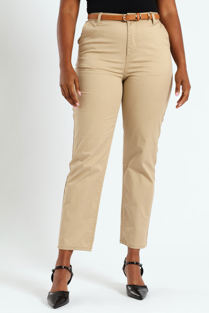 Belted Stretch Sateen Chino Pant - Stone