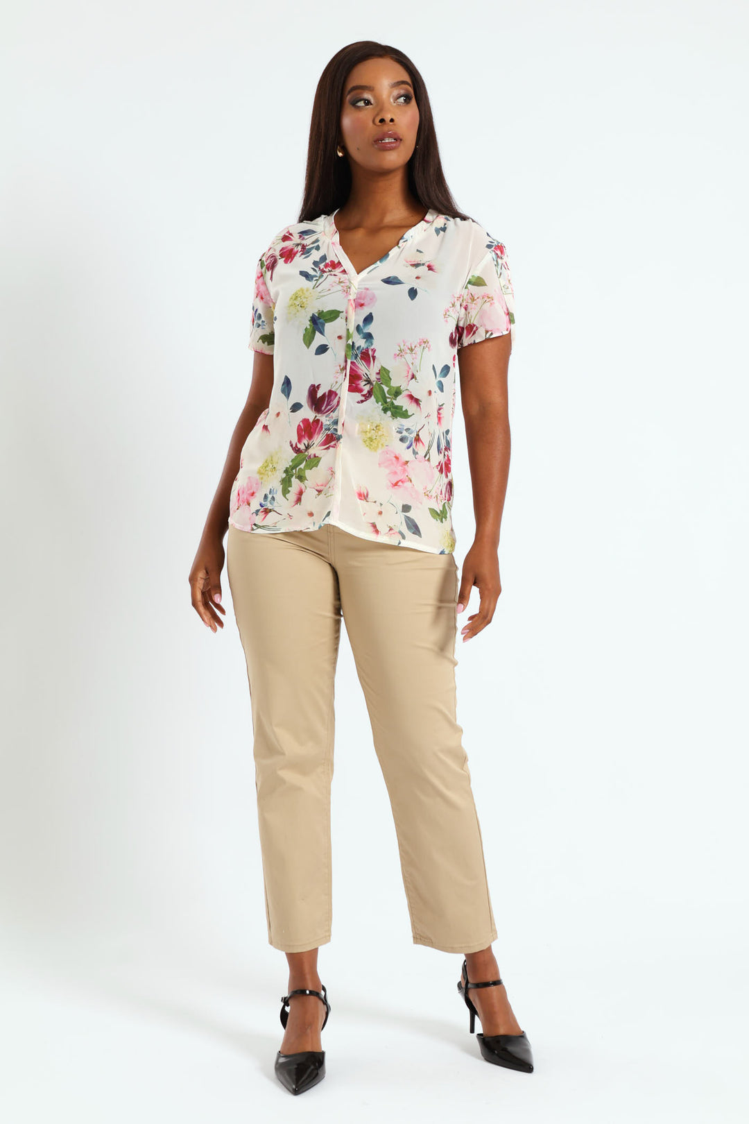 V-Neck Mandarin Collar Blouse - Cream