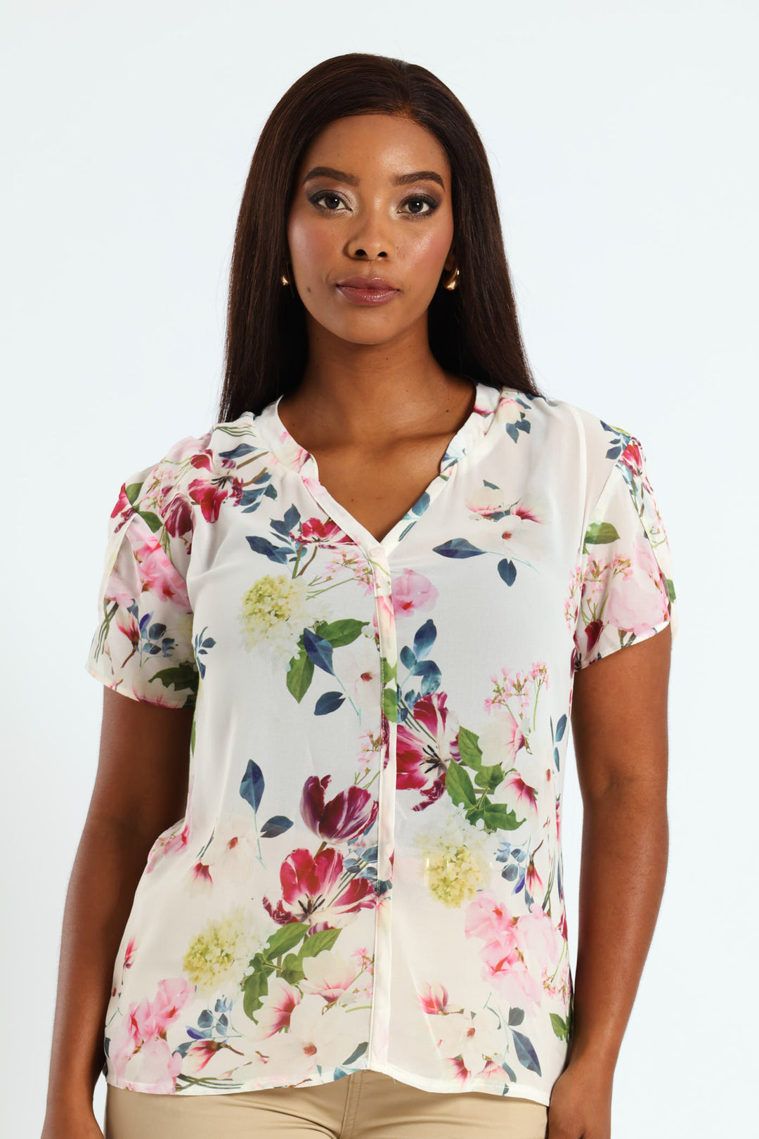 V-Neck Mandarin Collar Blouse - Cream