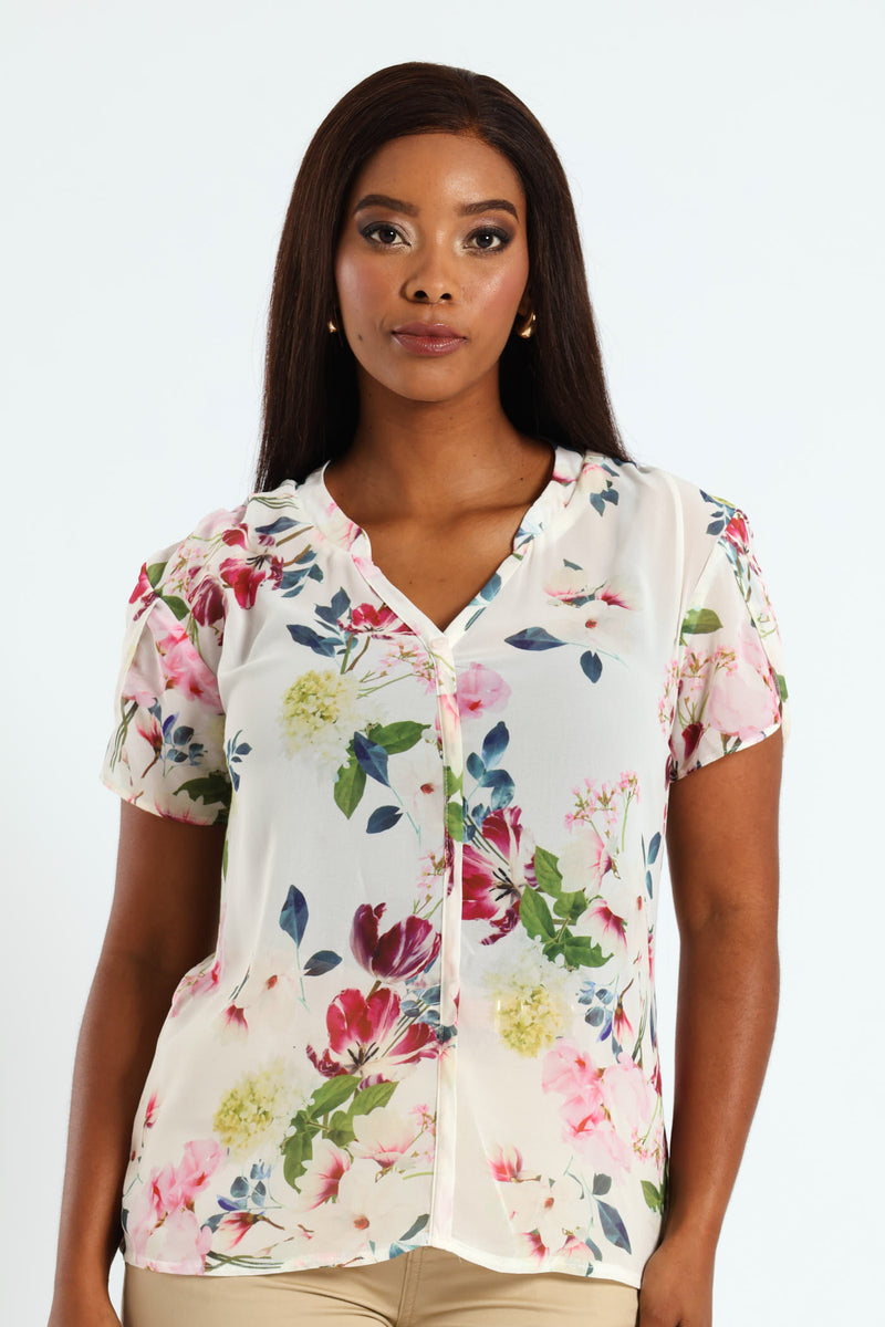 V-Neck Mandarin Collar Blouse - Cream