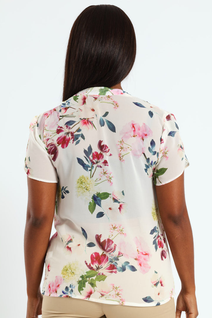 V-Neck Mandarin Collar Blouse - Cream