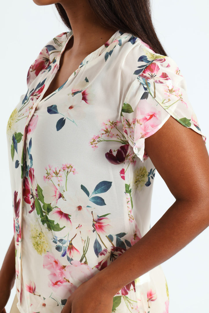 V-Neck Mandarin Collar Blouse - Cream