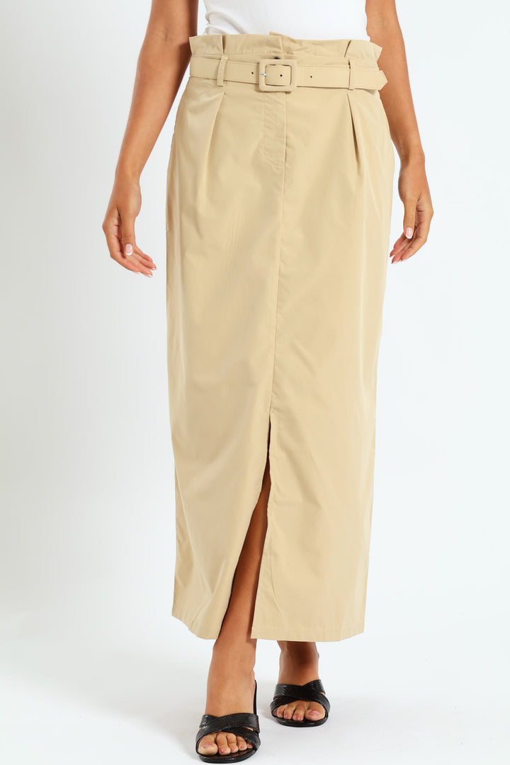 Belted Pleated Paperbag Maxi Pencil Skirt With Slit - Khaki