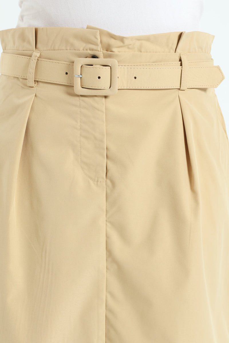Belted Pleated Paperbag Maxi Pencil Skirt With Slit - Khaki
