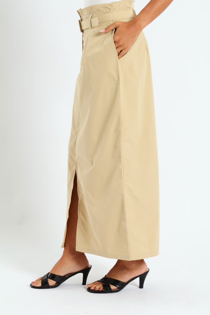 Belted Pleated Paperbag Maxi Pencil Skirt With Slit - Khaki