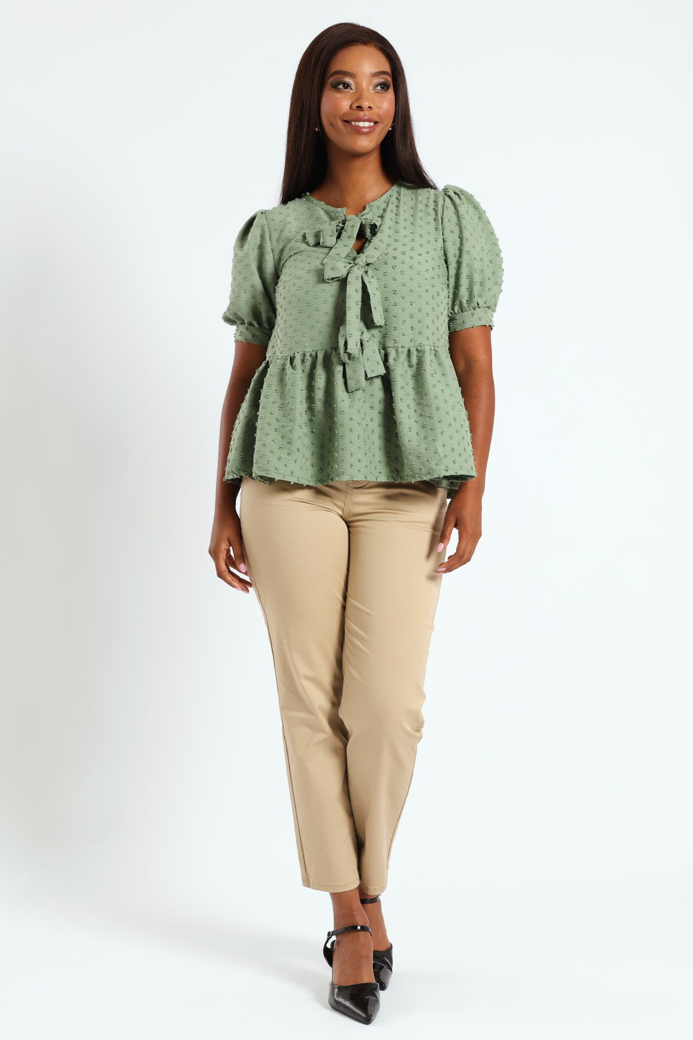 Ladies Puff Sleeve Dobby Peplum Top With Ties - Sage – Edgars