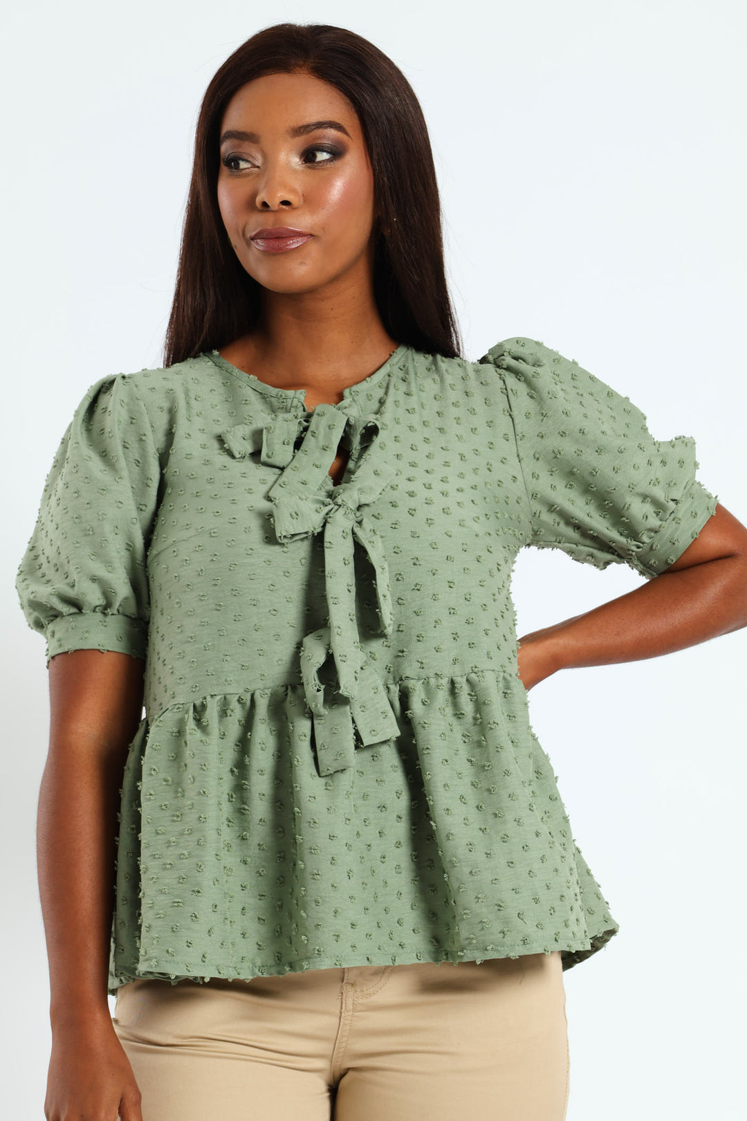 Puff Sleeve Dobby Peplum Top With Ties - Sage
