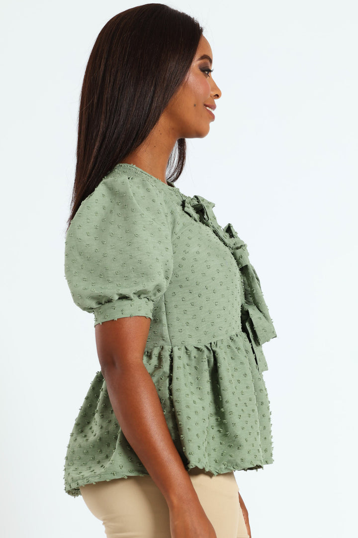 Puff Sleeve Dobby Peplum Top With Ties - Sage