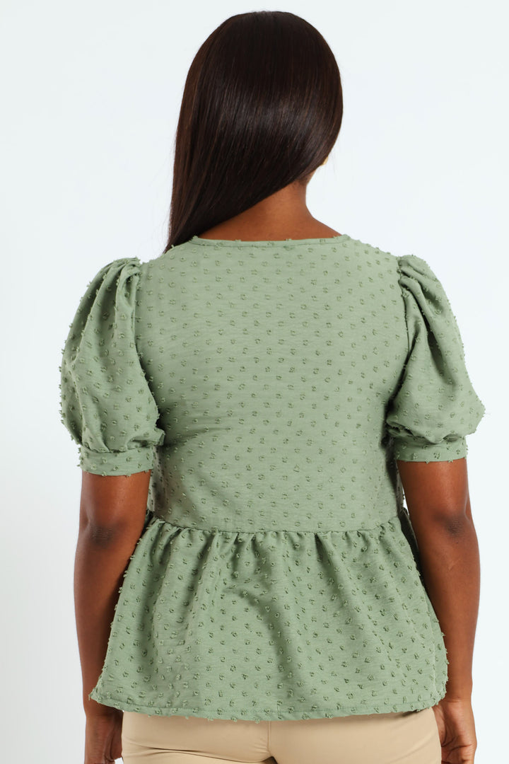 Puff Sleeve Dobby Peplum Top With Ties - Sage