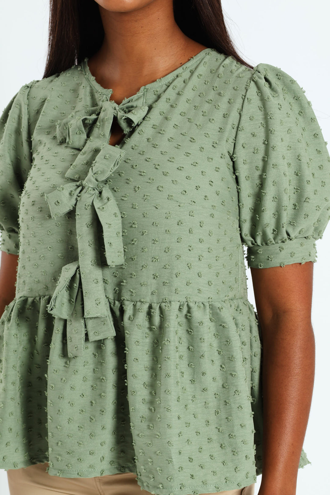 Puff Sleeve Dobby Peplum Top With Ties - Sage