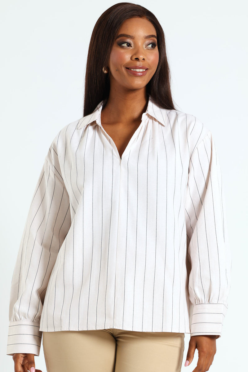 V-Neck Collared Striped Shirt - Beige/Black