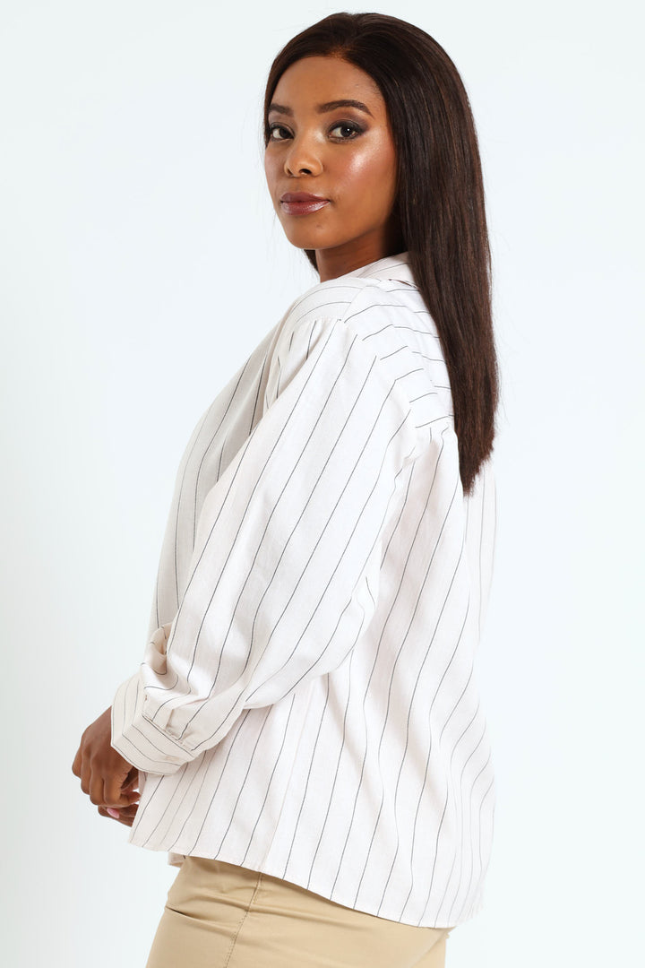V-Neck Collared Striped Shirt - Beige/Black