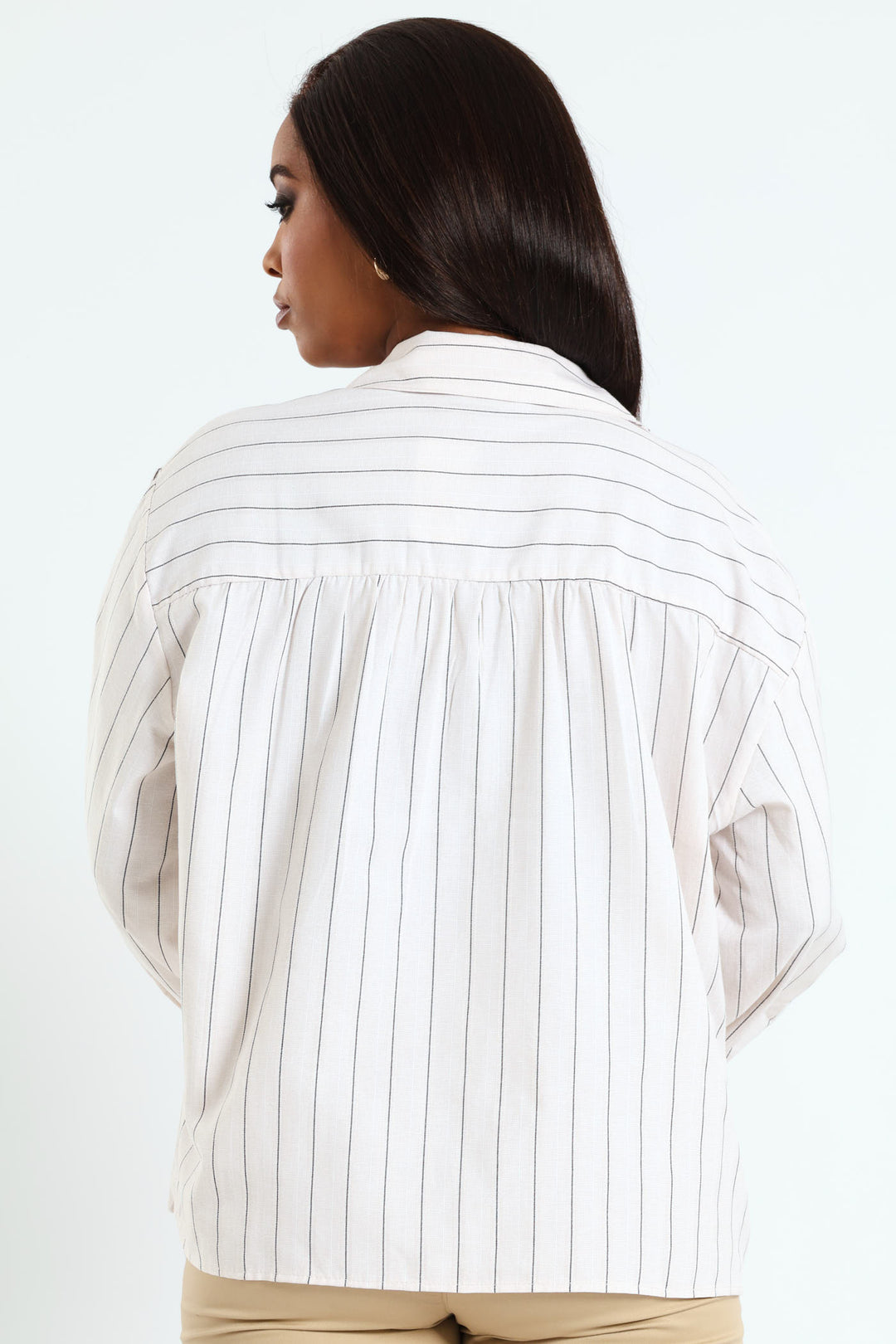 V-Neck Collared Striped Shirt - Beige/Black